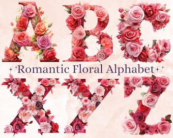 26 PNG Watercolour Valentine's Day Alphabet Clipart, Love Letters Clip art, Romantic Floral Font png, Love Pink Floral Alphabet Sublimation