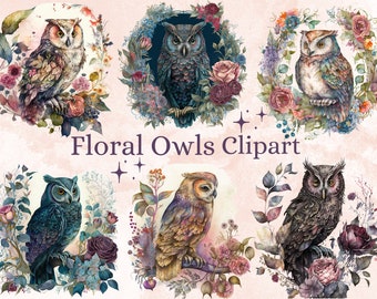 20 PNG Watercolor Floral Owls Clipart, Owls clip art, Fantasy clipart, mystical Owls, witchcraft png clipart, Celestial Owl png, Magical art