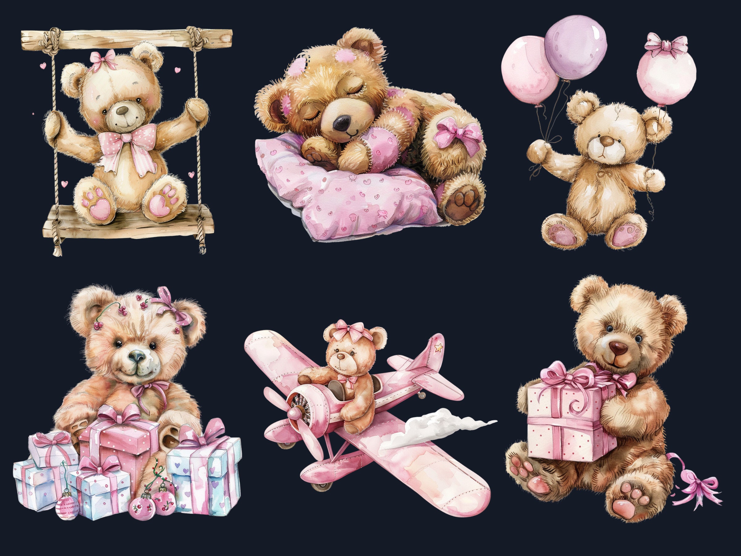 40 PNG Watercolor Pink Teddy Bear Clipart, Baby Shower for a Girl ...