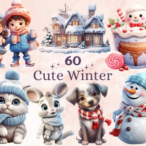 60 PNG Aquarell niedlichen Winter Clipart, gemütliche Kawaii Winter Tier Illustrationen Clip Art, Winter Wunderland Png, Schneemann Kinder Sublimation
