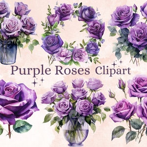 28 Pacote de clipart de rosas roxas em aquarela PNG, clipart de rosa lilás PNG, arranjo de rosas violetas png, download instantâneo de clipart de buquê de rosas