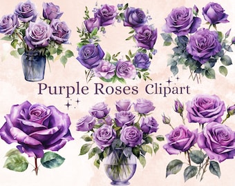 28 PNG Watercolor Purple Roses Clipart Bundle, Lilac Rose PNG Clip Art, Violet Roses arrangement png, Rose bouquet clipart instant download