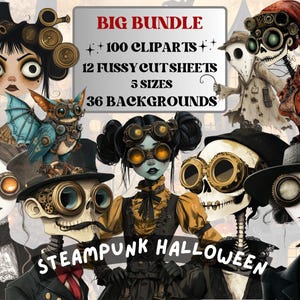 Steampunk Halloween Collage Elements Bundle, Industrial Halloween Fussy Cut, Quirky Spooky Clipart, Whimsy Junk Journal, Mixed Media Sheet