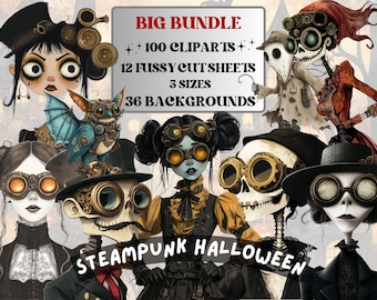 Steampunk Halloween Collage Elements Bundle, Industrial Halloween Fussy Cut, Quirky Spooky Clipart, Whimsy Junk Journal, Mixed Media Sheet