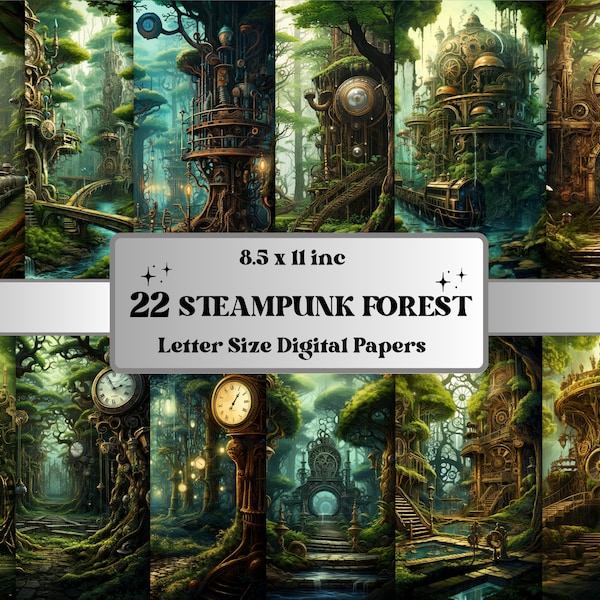 Carta digitale stampabile Steampunk Forest, Steampunk Background, Fantasy Landscape Backdrop, Download Junk Journal, Scrapbooking, Card Making