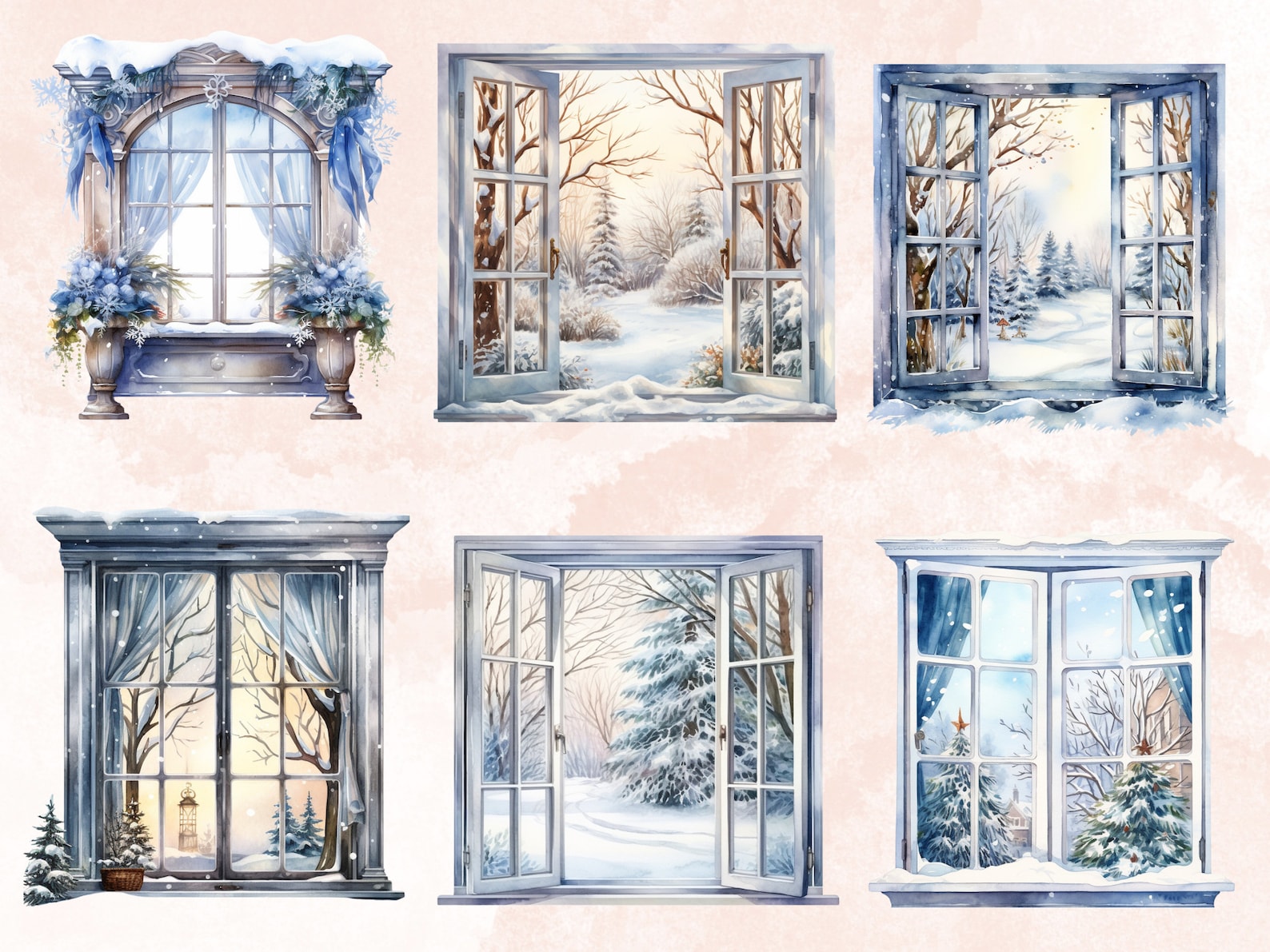 50 PNG Watercolor Winter Windows Clipart, Cozy Winter Scenes ...