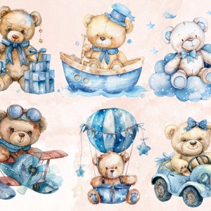 40 PNG Watercolor Blue Teddy Bear Clipart, Baby Shower for a Boy ...