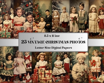 May include: A set of 25 vintage Christmas photos featuring children in festive attire, holding gifts and posing in front of decorated Christmas trees. The photos are in a collage format, with each photo measuring 8.5 x 11 inches. The photos are perfect for scrapbooking, card making, and other craft projects.