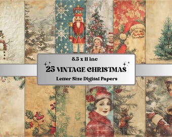 May include: A set of 25 digital papers featuring vintage Christmas illustrations. The papers include images of a snowman, a nutcracker, Santa Claus, a Christmas tree, and other festive elements. The papers are 8.5 x 11 inches and are perfect for scrapbooking, card making, and other craft projects.