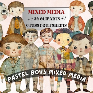 Pastel Boys Paper Doll Mixed Media Clipart, Whimsical Cute Boy Fussy Cut Collage Sheet, Quirky Cut Out Ephemera, PNG + JPG for Scrapbooking