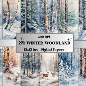 Carta digitale stampabile per paesaggi boschivi invernali, scene del paese delle meraviglie invernali, pagine di foreste innevate, diario spazzatura, scrapbooking, creazione di cartoline