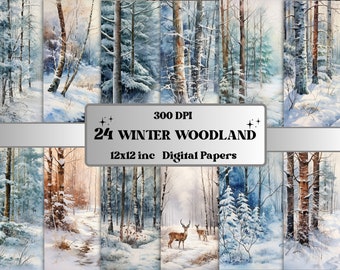 Printable Winter Woodland Landscape Digital Paper, Winter Wonderland Scenes, Snowy Forest Pages, Junk Journal, Scrapbooking, Card Making