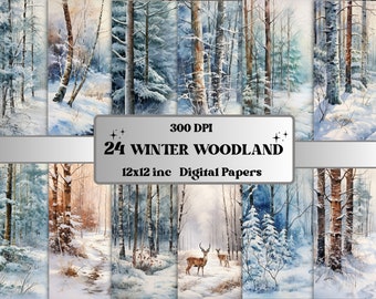 Druckbare Winter Wald Landschaft Digitales Papier, Winter Wunderland Szenen, verschneite Wald Seiten, Junk Journal, Scrapbooking, Kartenherstellung