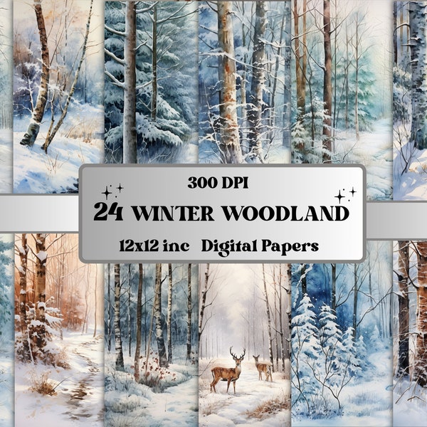 Printable Winter Woodland Landscape Digital Paper, Winter Wonderland Scenes, Snowy Forest Pages, Junk Journal, Scrapbooking, Card Making