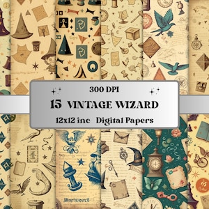 vintage Wizard Digital Paper, Wizard school digital paper, wizard junk journal, magic background card, Dark academia digital paper pack
