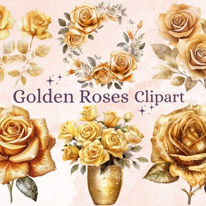 28 Pacote de clipart de rosas douradas em aquarela PNG, clipart de flores florais douradas PNG, buquês florais de rosas metálicas laranja e amarelas PNG