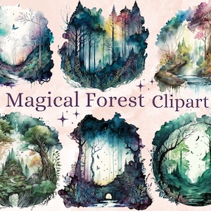 20 aquarel Magical Forest Clipart, Fairy forest clip art, boslandschap, zomer mistige bosscènes, bomen groen mistige achtergrond