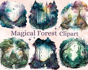 20 Watercolor Magical Forest Clipart, Fairy forest clip art, forest landscape, Summer misty forest scenes, Trees Greenery Foggy Background