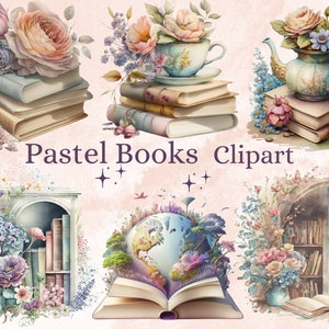 26 PNG aquarelle Pastel livres Clipart, Pastel livre Floral Clip Art, salle intérieure bibliothèque Pastel, Rose livre PNG Bundle, lecture des cliparts