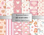 Seamless Baby Girl Pattern Paper, Pink Baby Girl Nursery Ephemera, Seamless New Baby Shower Pages, Baby Girl Background, Baby Girl Patterns