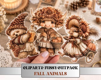 Fall Animals Fussy Cuts & Clipart, Whimsical Autumn Animal Cut Outs, Woodland Ephemera, Junk Journal Scrapbook Kit, Quirky Paper Craft