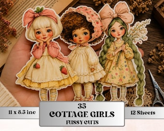 Cottage Girls Fussy Cut Printable, 35 Whimsical Cottagecore Girl Cutouts, Cozy Ephemera Junk Journal Scrapbook Sheets