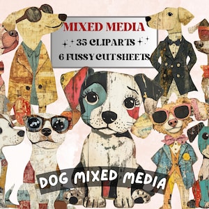 Puede incluir: Una colección de imágenes prediseñadas de perros de técnica mixta. La imagen presenta varios perros con gafas de sol, pajaritas y chaquetas. El texto de la imagen dice "MIXED MEDIA" y "DOG MIXED MEDIA" con el número de imágenes prediseñadas y hojas recortadas.