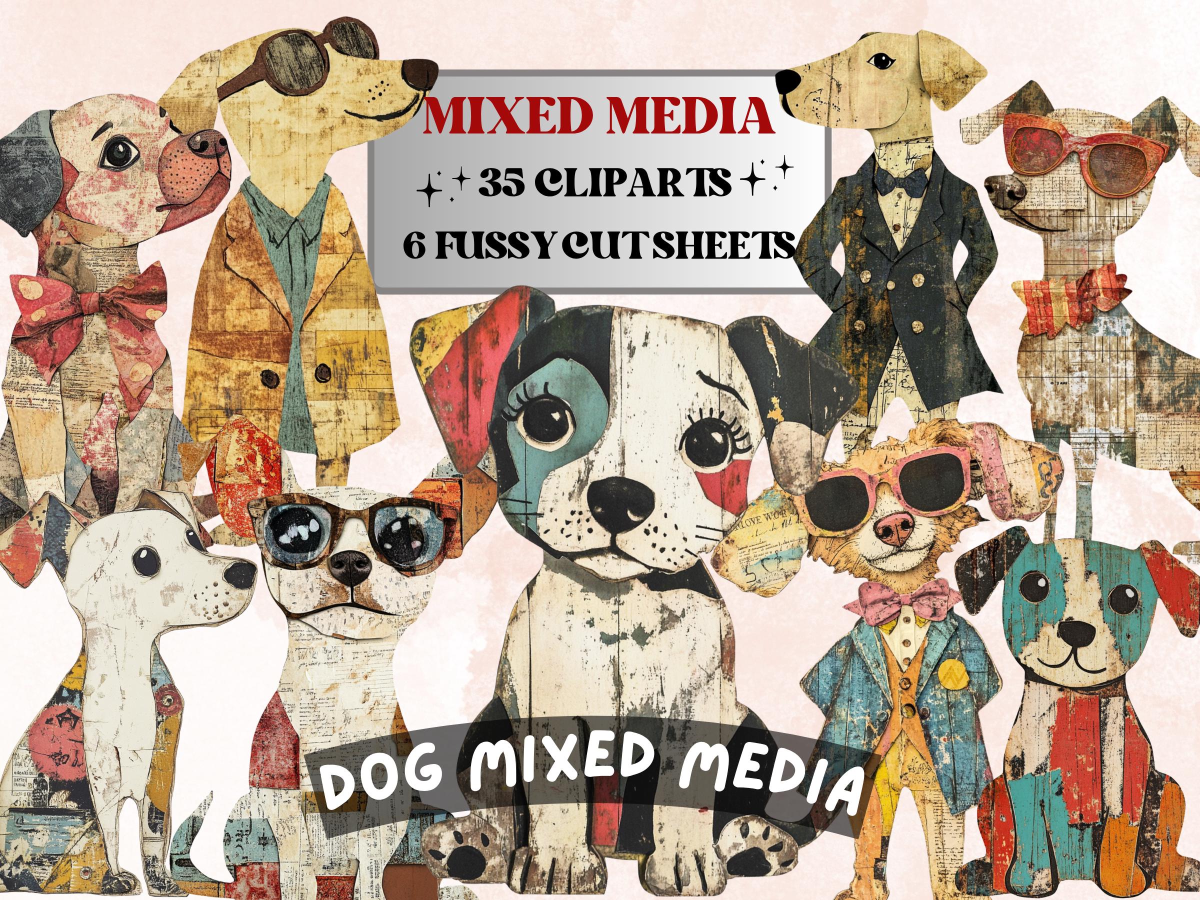 Whimsical Dog Mixed Media Clipart, Whimsy Dogs Fussy Cut Collage Sheet ...