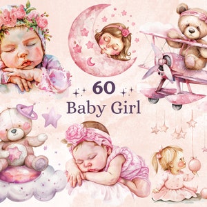 60 PNG acquerello Baby Girl Newborn Clipart, Baby Shower per una ragazza Illustrazione Clip art, Pink Nursery png, Gender Reveal Party Sublimation