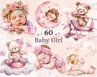 60 PNG Watercolor Baby Girl Newborn Clipart, Baby Shower For a Girl Illustration Clip art, Pink Nursery png, Gender Reveal Party Sublimation