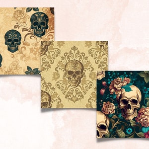 Vintage Floral Skull Digital Paper, Skull flowers digital paper pack, skeletons and vintage flowers for journal and scrapbooking pages pack