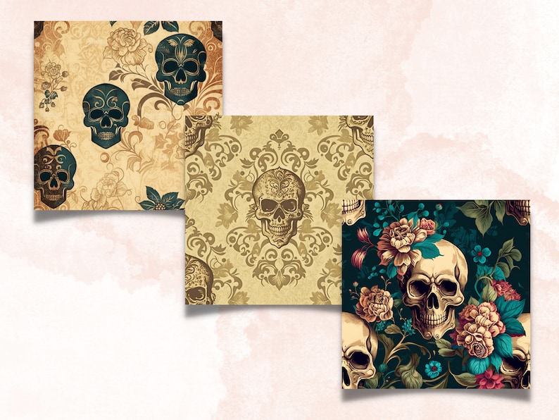 Vintage Floral Skull Digital Paper, Skull flowers digital paper pack, skeletons and vintage flowers for journal and scrapbooking pages pack