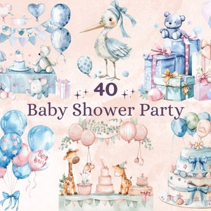 40 PNG Watercolor Baby Shower Clipart, Gender Reveal Party Illustration Clip art, Cute Nursery Animals png, Welcome Newborn Sublimation