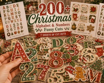 200+ Christmas Alphabet & Numbers Printable, Festive Letters and Number Fussy Cuts, Holiday Alphabet for Junk Journal, Scrapbook, Collage