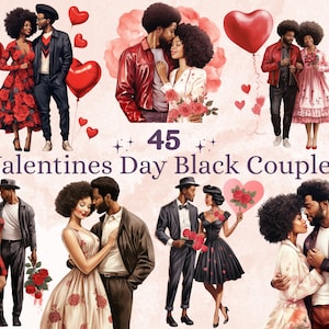 45 PNG akwarela Walentynki czarna para clipart, Afro Walentynki ilustracje clipart, słodka miłość melanina PNG sublimacja