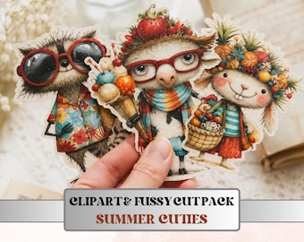 Summer Cuties Fussy Cuts & Clipart, Printable Summer Cut Outs, Summer Ephemera, Junk Journal Scrapbook Kit, Cute Paper Craft