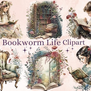 30 PNG Watercolor Bookworm Life Clipart, Booklover Clip Art Bundle, Vintage Floral Books png set, reading clipart, library clipart, old book