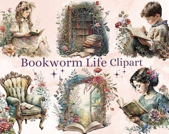 30 PNG Aquarel Bookworm Life Clipart, Booklover Clip Art Bundle, Vintage Floral Books png set, clipart lezen, bibliotheek clipart, oud boek