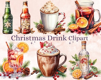 30 PNG Watercolor Christmas Winter Drink Clipart, Merry Christmas Clip art, Hot Chocolate, Cocktail, Beer, Mulled Wine png, Xmas Noel Treats
