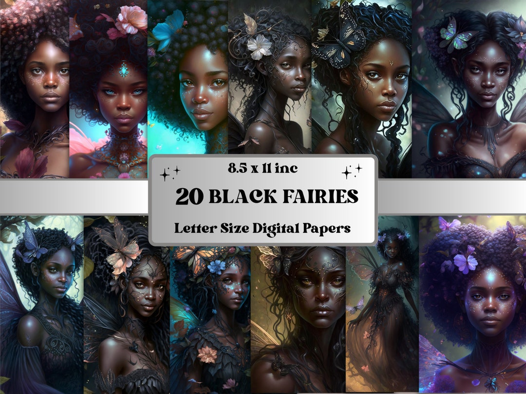 Printable Fantasy Black Fairies Digital Paper, Afro Fairy Background ...