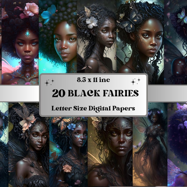 Printable Fantasy Black Fairies Digital Paper, Afro Fairy background, AI digital art, Fantasy Digital Paper Set, Magical Mystery Card Pack