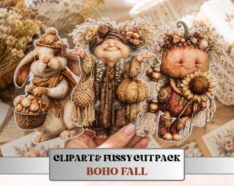 Boho Fall Fussy Cuts & Clipart, Printable Autumn Boho Cut Outs, Bohemian Ephemera, Junk Journal Scrapbook Kit, Whimsical Paper Craft