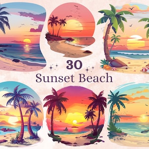 30 PNG Watercolor Sunset Beach Clipart, Summer Landscape Illustrations Clip art, Tropical Beach Sunset Png, Nature Sea View Sublimation