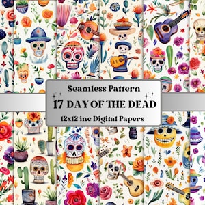 Jour de l'aquarelle sans couture du paquet de papier numérique mort, modèle sans couture de Dia de los Muertos, fond mexicain de crâne de sucre, papier d'album