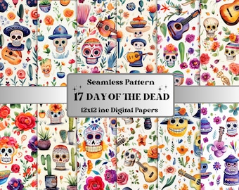 Sömlös akvarell dag för de döda digitalt papperspaket, Dia de los Muertos sömlöst mönster, mexikansk sockerskallebakgrund, scrapbookpapper