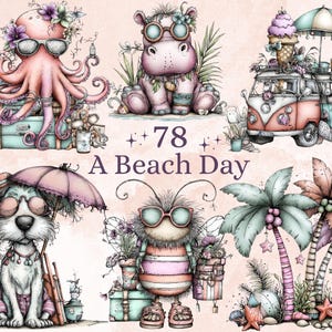 Beach Day Clipart Bundle | 78 Whimsical Quirky Beach PNG | Summer Holiday Digital Download