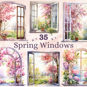 35 PNG Aquarell Frühling Fenster Clipart, Rosa Blumen Frühling Illustrationen Clip Art, Rustikale Fenster mit Blumen Png, Gemütliche Ecke Sublimation