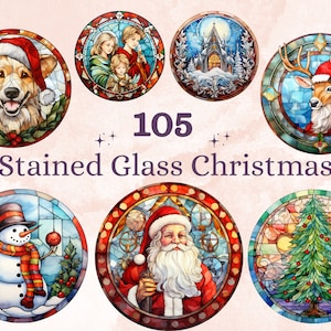 105 PNG Watercolor Round Stained Glass Christmas Bundle Clipart, Xmas Illustrations Clip art, Circle Stained Glass Winter Digital Sticker