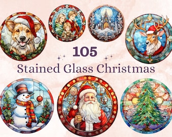 May include: A set of six stained glass Christmas decorations featuring a variety of festive themes, including a snowman, Father Christmas, a Christmas tree, a church, a reindeer, and a dog wearing a Santa hat. The decorations are all circular and have a colourful, stained glass design.