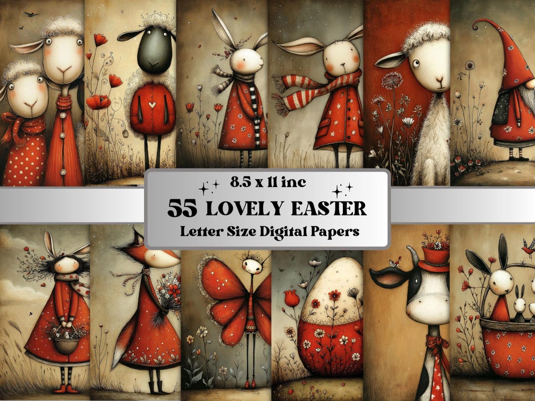 Whimsical Easter Digital Paper Pack Printable Red Quirky Collage Sheets ...